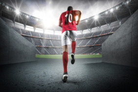 Soccer player entering the 3d imaginary stadium